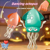 A cute, green dancing octopus toy with white tentacles is shown in a playful context.