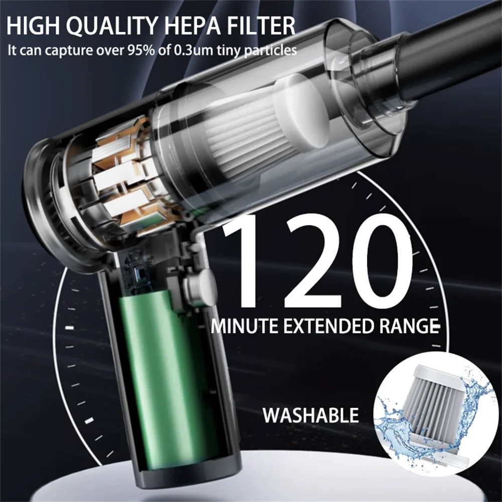A close-up view of a high quality HEPA filter attached to a handheld vacuum and air blower device.