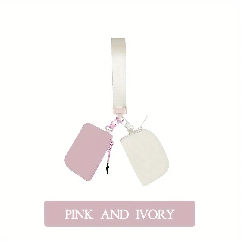 Pink and ivory detachable wristlet wallet with a zipper pouch and card slots