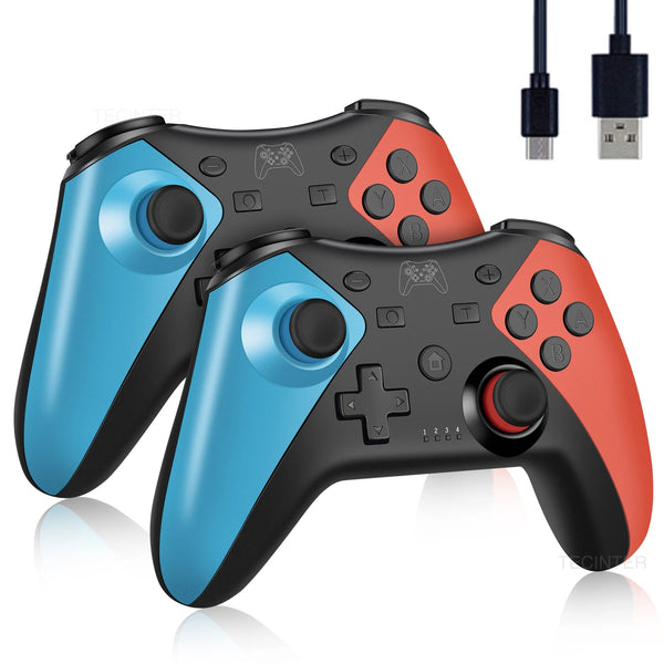 A black and orange wireless Bluetooth game controller shown from above with charging cables.
