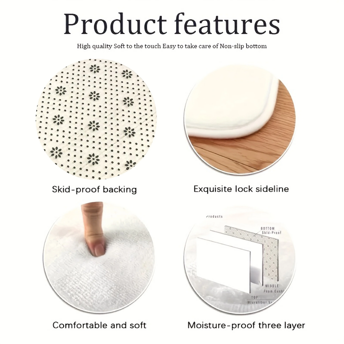 A set of non-slip mats featuring skid-proof backing, exquisite lock side lines, comfortable and soft material, and moisture-p