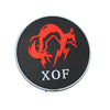 Red embroidered patch featuring a stylized fox silhouette with lightning claws on a black fabric background.