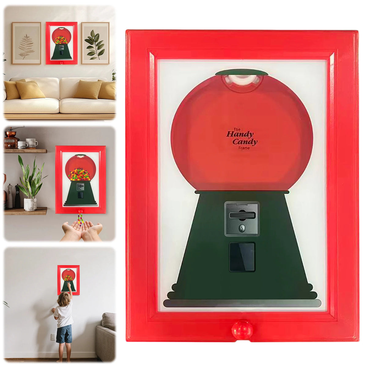 A red frame displaying a vintage rotating candy display frame with a green dust cover and a red candy inside.
