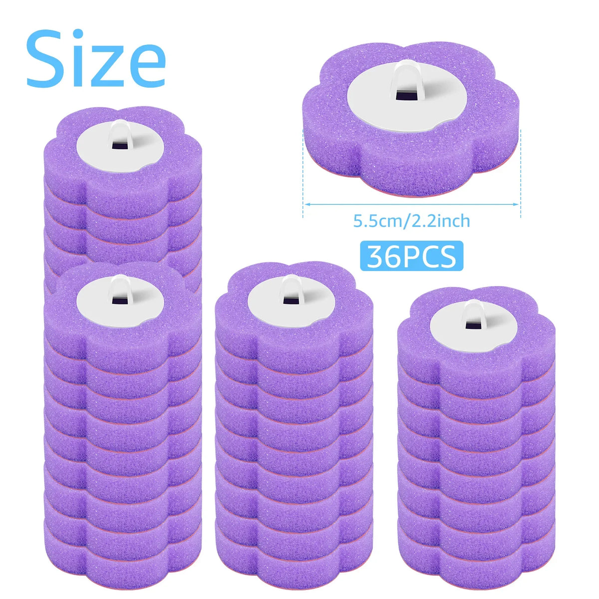 A set of purple disposable toilet brushes with wall-mounted holders shown in multiple views.