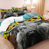 A bedding set featuring a print of Highland cows on a duvet cover and pillowcases.