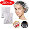 A woman wearing a disposable shower cap with an elastic edge, shown alongside the product and usage demonstration.