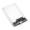 A clear plastic enclosure for a 2.5-inch hard drive, showing the internal circuit board and connector pins.