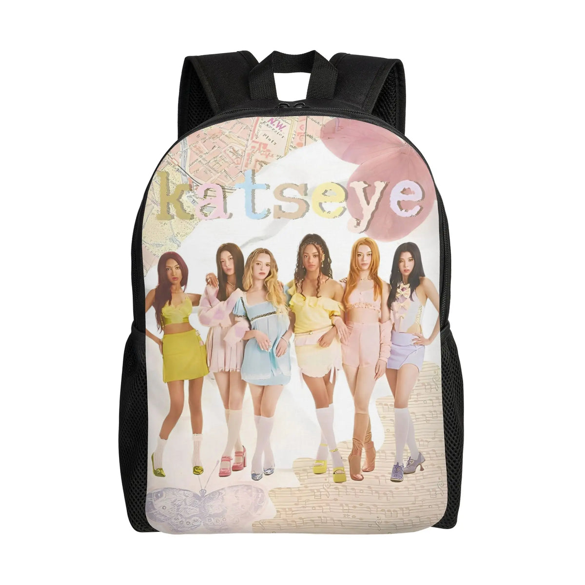 A pink and white canvas daypack backpack featuring a graphic of seven women.