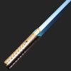 An RGB metal lightsaber with a silver hilt and a blue blade, shown diagonally against a dark background.