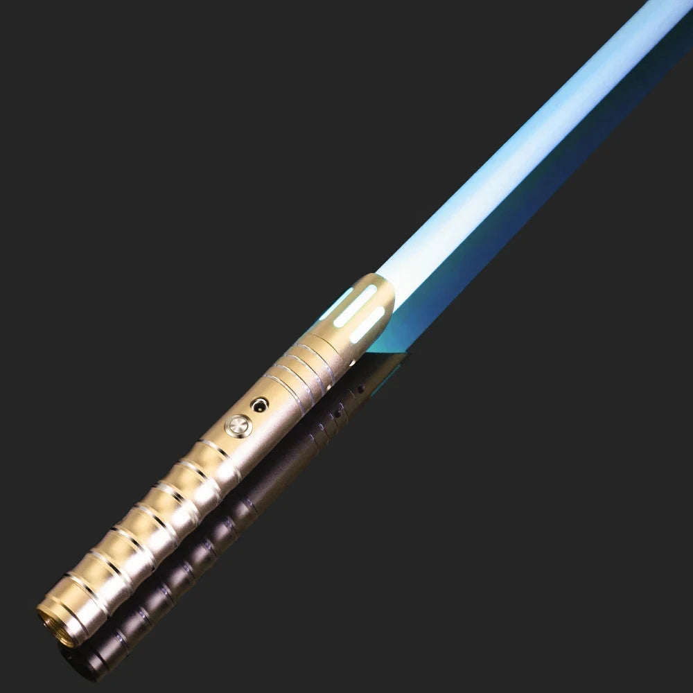 An RGB metal lightsaber with a silver hilt and a blue blade, shown diagonally against a dark background.