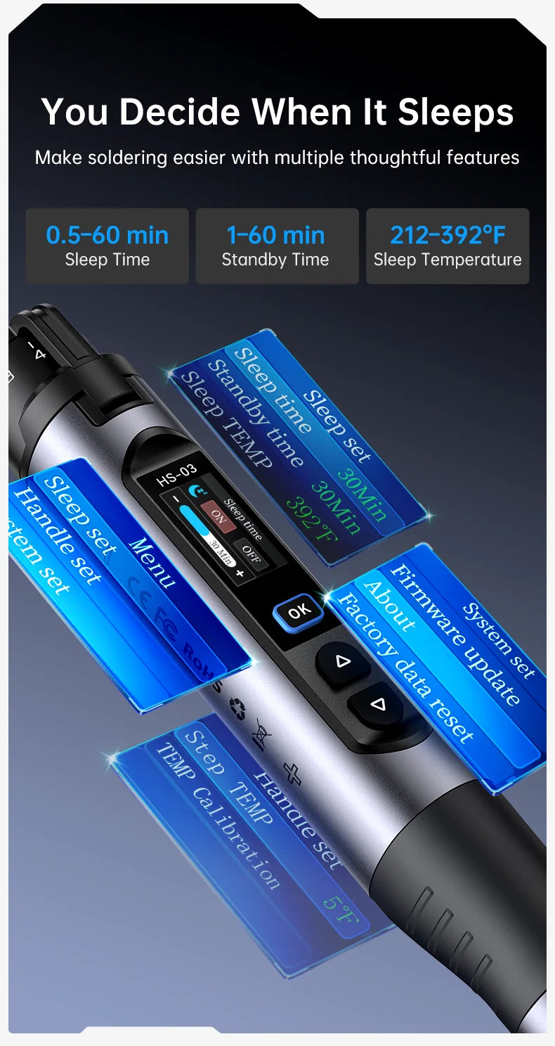 Cordless soldering iron showing various features like sleep time standby time and temperature settings