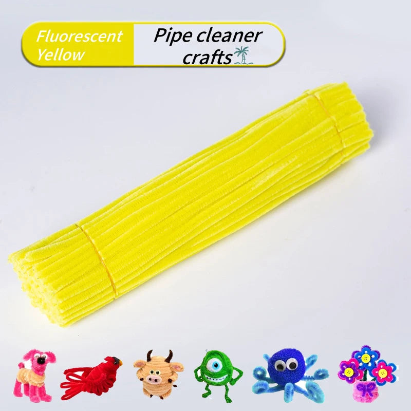 A yellow fluorescent pipe cleaner craft set showing various animal shapes.