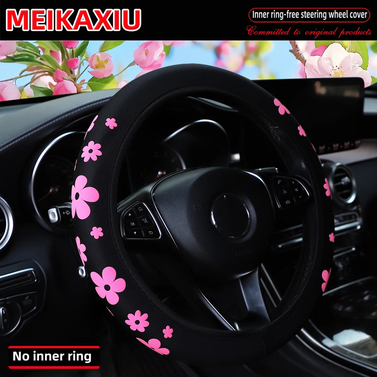 Black steering wheel cover with pink floral designs for a car, showing the inner ring-free grip.