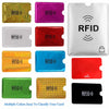 A set of ten colored RFID blocking card sleeves showing various colors including gold, purple, red, silver, blue, and green.