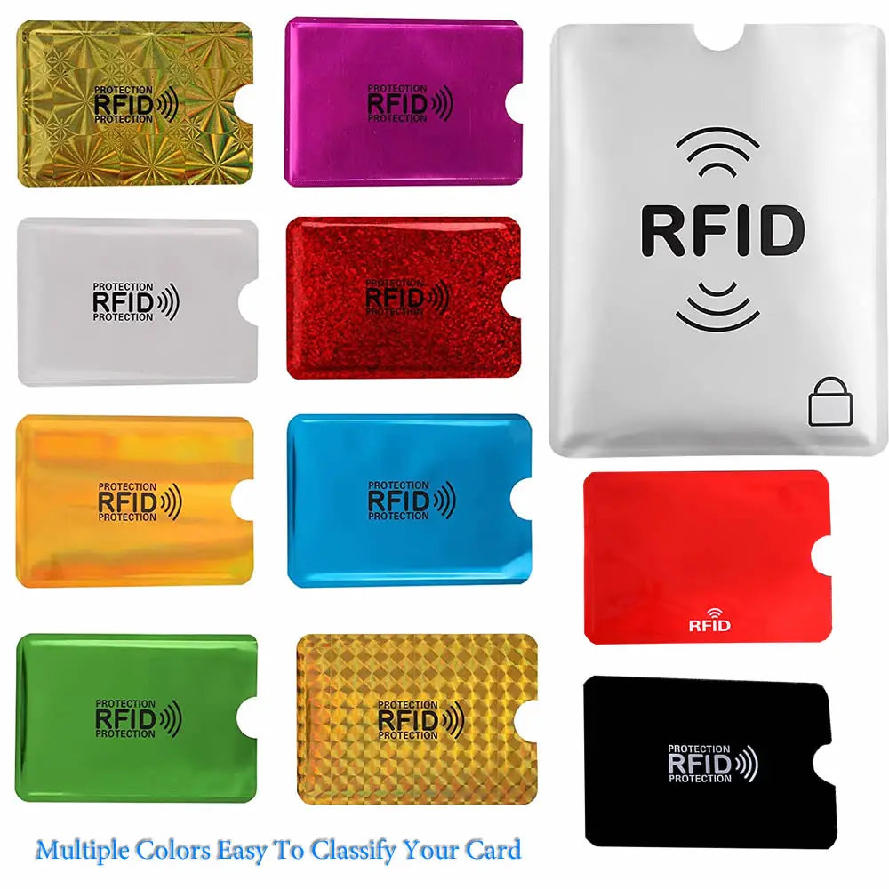 A set of ten colored RFID blocking card sleeves showing various colors including gold, purple, red, silver, blue, and green.