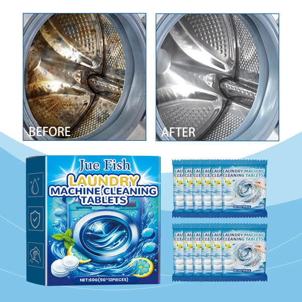 Boîte de comprimés de nettoyage pour machine à laver Jue Fish, montrant les résultats avant et après.