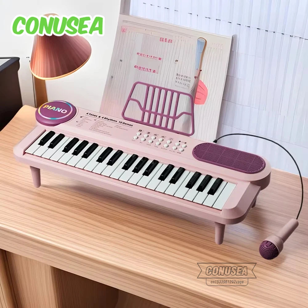 A pink electronic keyboard piano with a microphone and stand is displayed on a wooden desk.