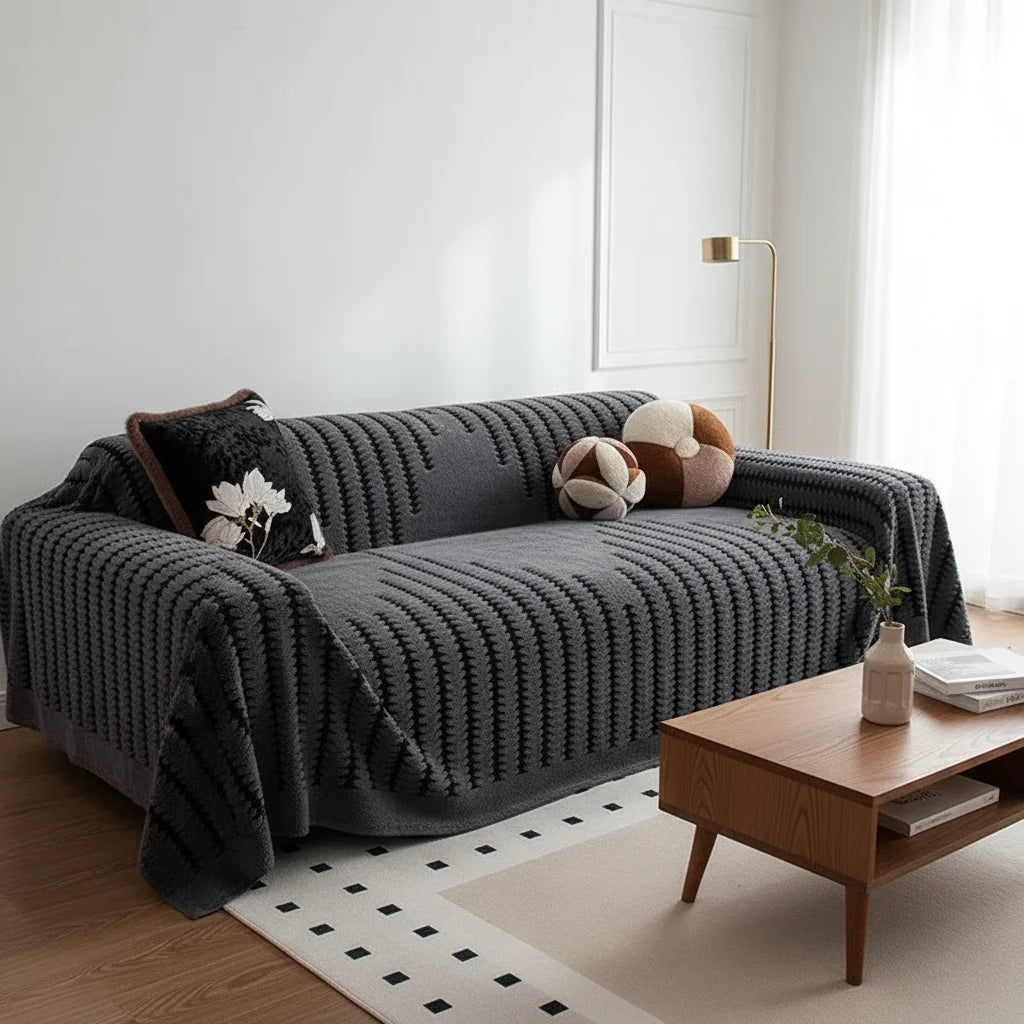 A dark gray woven sofa cover with a vertical ribbed texture is draped over a sofa in a bright room.