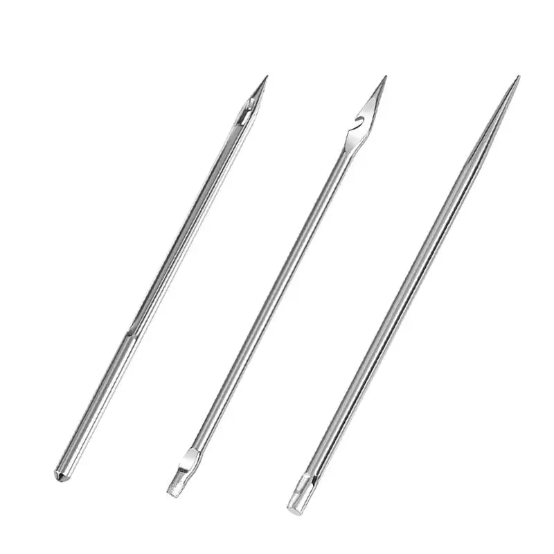 A set of silver leather sewing awls with replaceable needles shown diagonally.
