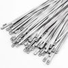 A collection of heavy-duty stainless steel cable ties arranged diagonally.