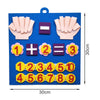 A blue felt board with Montessori counting toys including hands, numbers, and counting blocks.