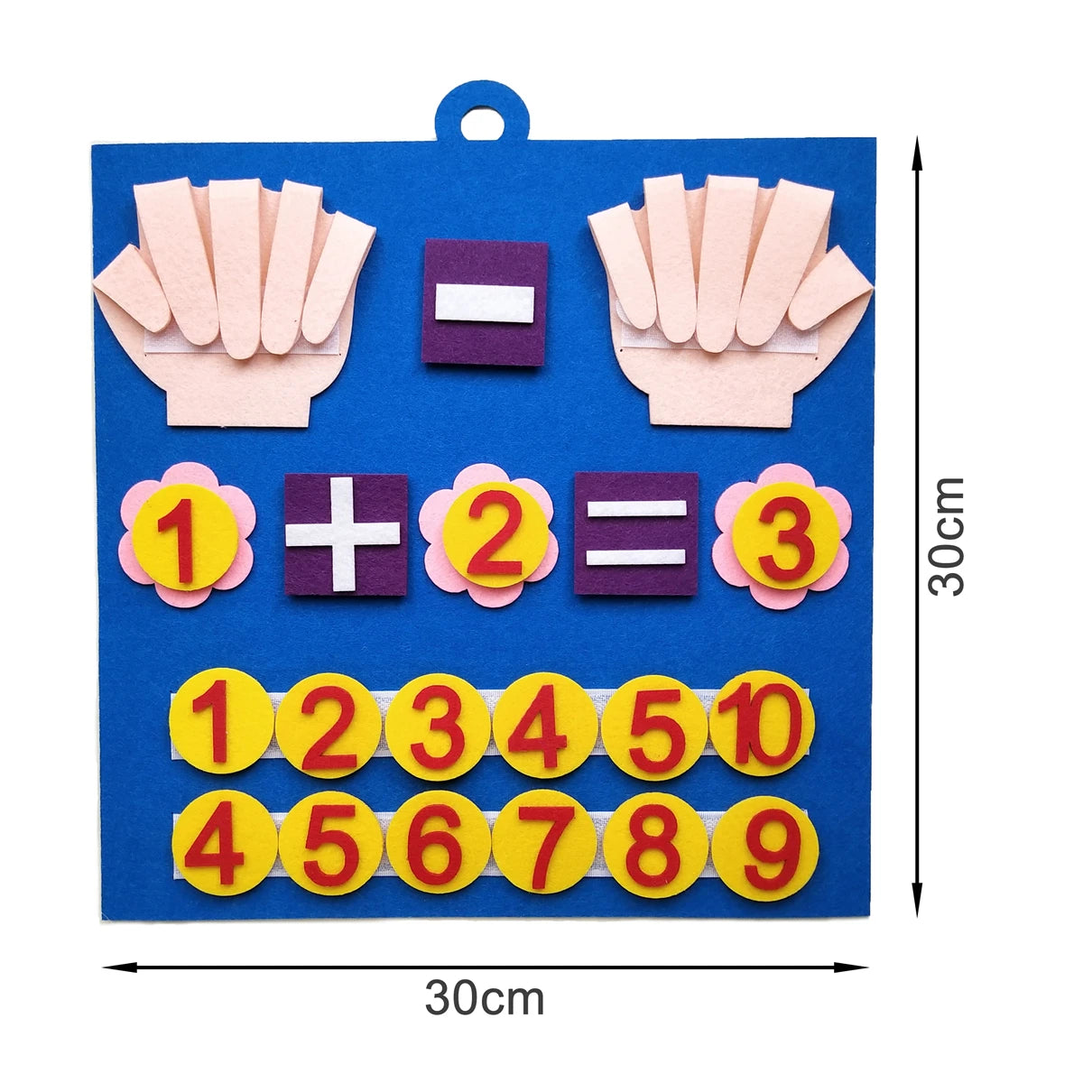 A blue felt board with Montessori counting toys including hands, numbers, and counting blocks.