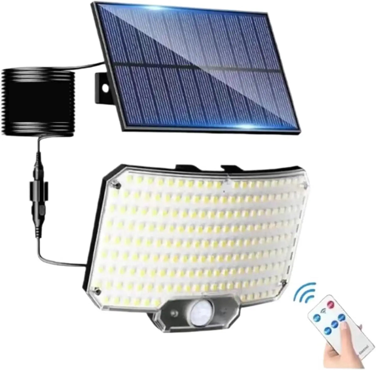 A solar powered motion sensor wall light with multiple LED bulbs is shown, ready for installation.