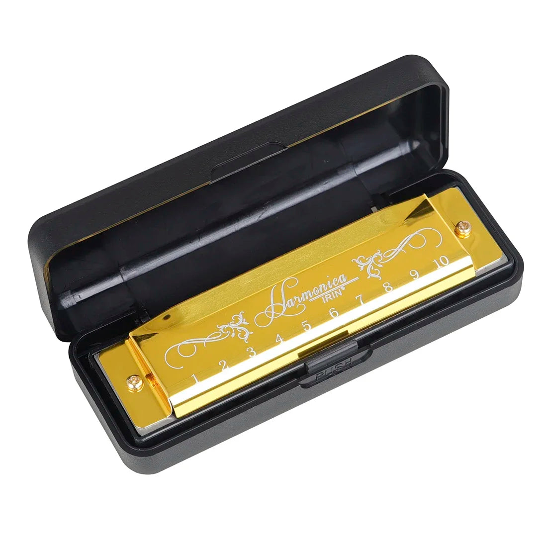 A black case holding a 10-hole C key harmonica with a colorful metal shell and numbered reeds.