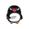A black cartoon penguin enamel pin with a red beak and white belly.