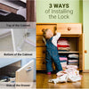 Three ways to install an invisible magnetic cabinet lock with key shown on a wooden cabinet and drawer.