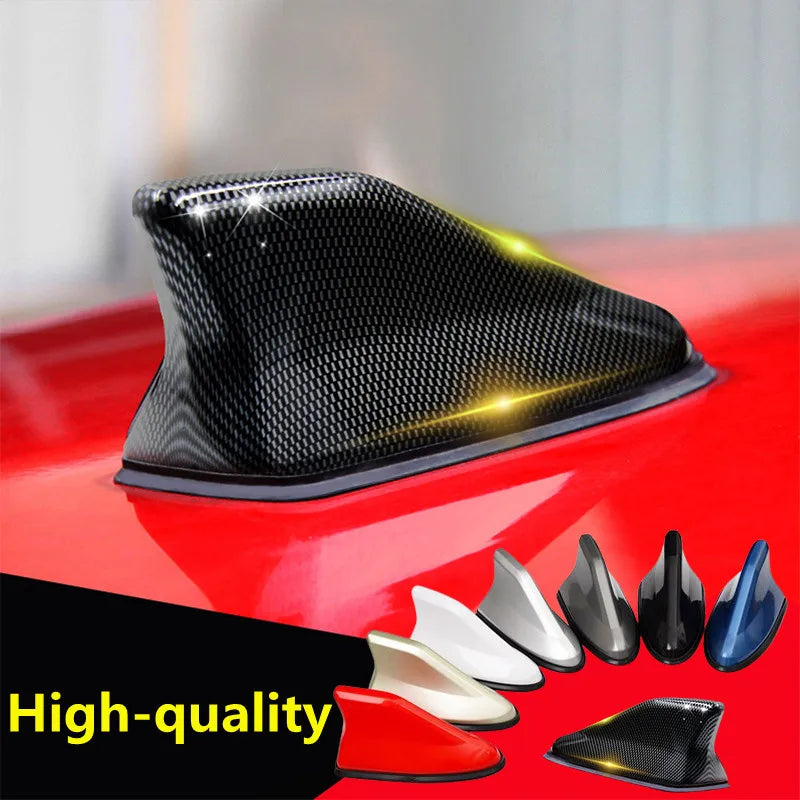 Black universal car shark fin antenna cover displayed on a red car surface with various fin shapes.