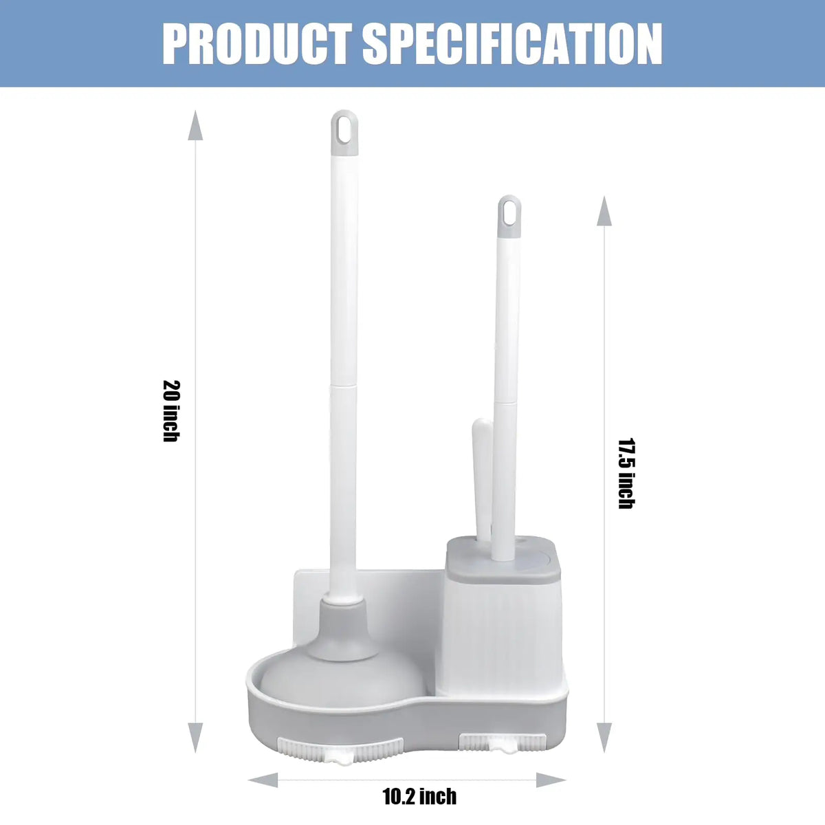 A white 3-in-1 toilet brush and plunger set with a holder shown with dimension lines.