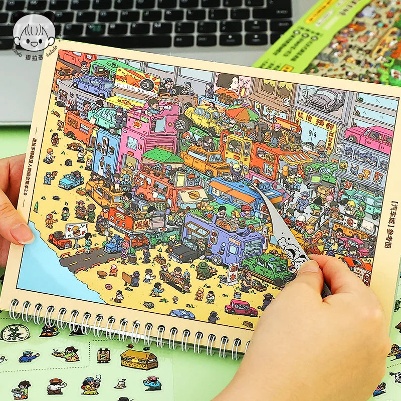 A hand is holding an open sticker book featuring a colorful miniature scene of a bustling city with various vehicles and buil