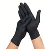 A pair of black disposable nitrile gloves being held together by a person's hands.