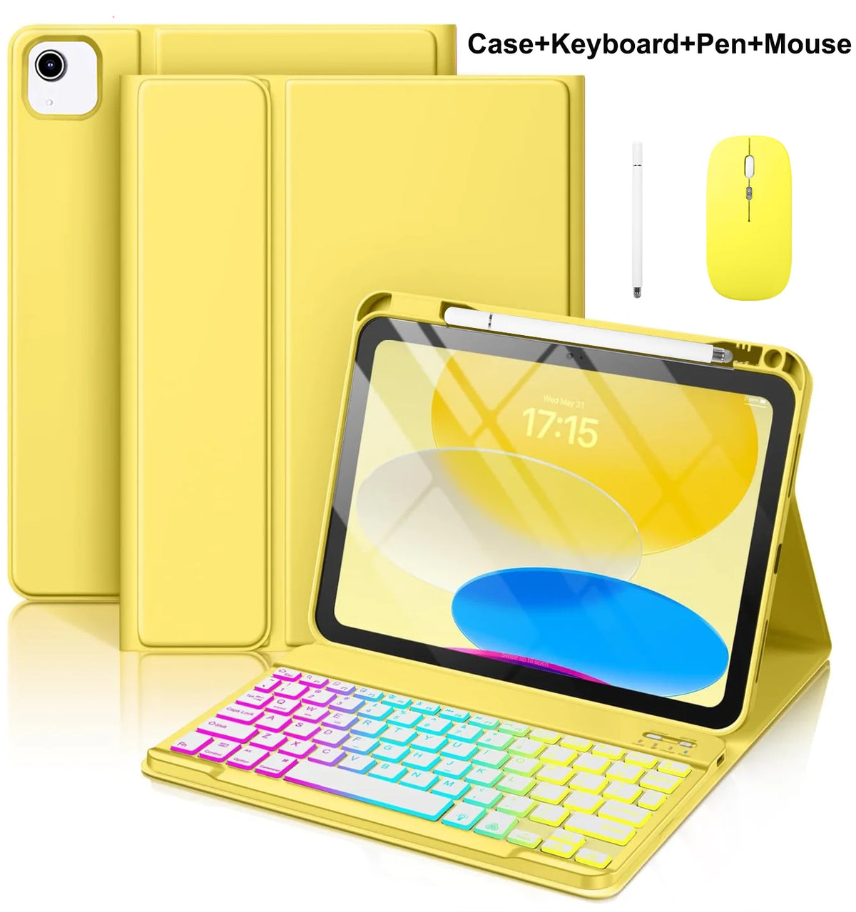 A yellow multi-angle keyboard case for an iPad, shown with a keyboard, pen, and mouse.