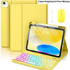 A yellow multi-angle keyboard case for an iPad, shown with a keyboard, pen, and mouse.