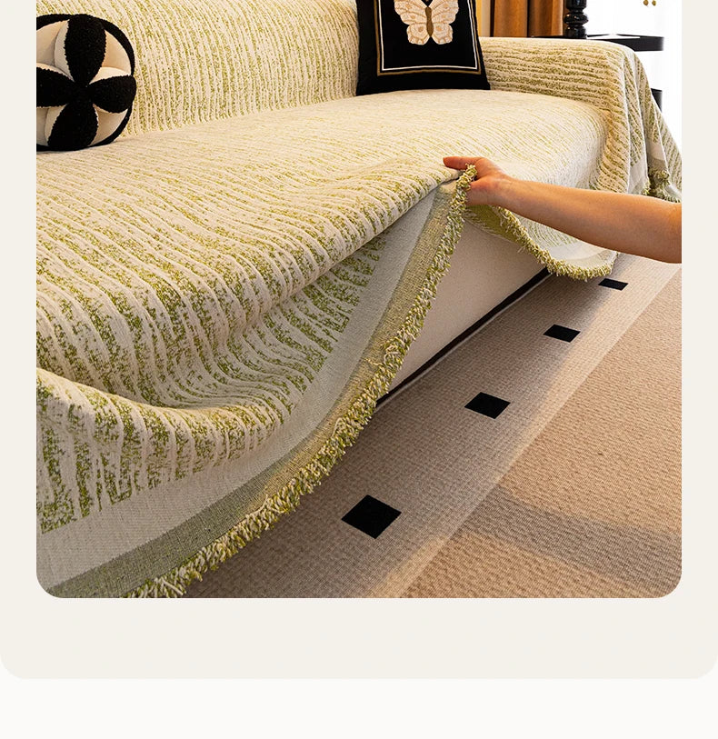 Thick Chenille Sofa Cover with Tassel Fringe — Scratch Resistant & Reversible