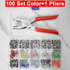 A set of 100 metal snap buttons and one pair of pliers are displayed in a clear plastic container.