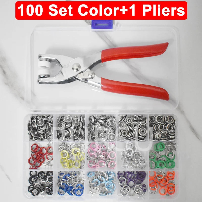 A set of 100 metal snap buttons and one pair of pliers are displayed in a clear plastic container.