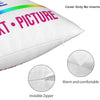 A white throw pillow cover with a pink and green photo print showing an invisible zipper detail.