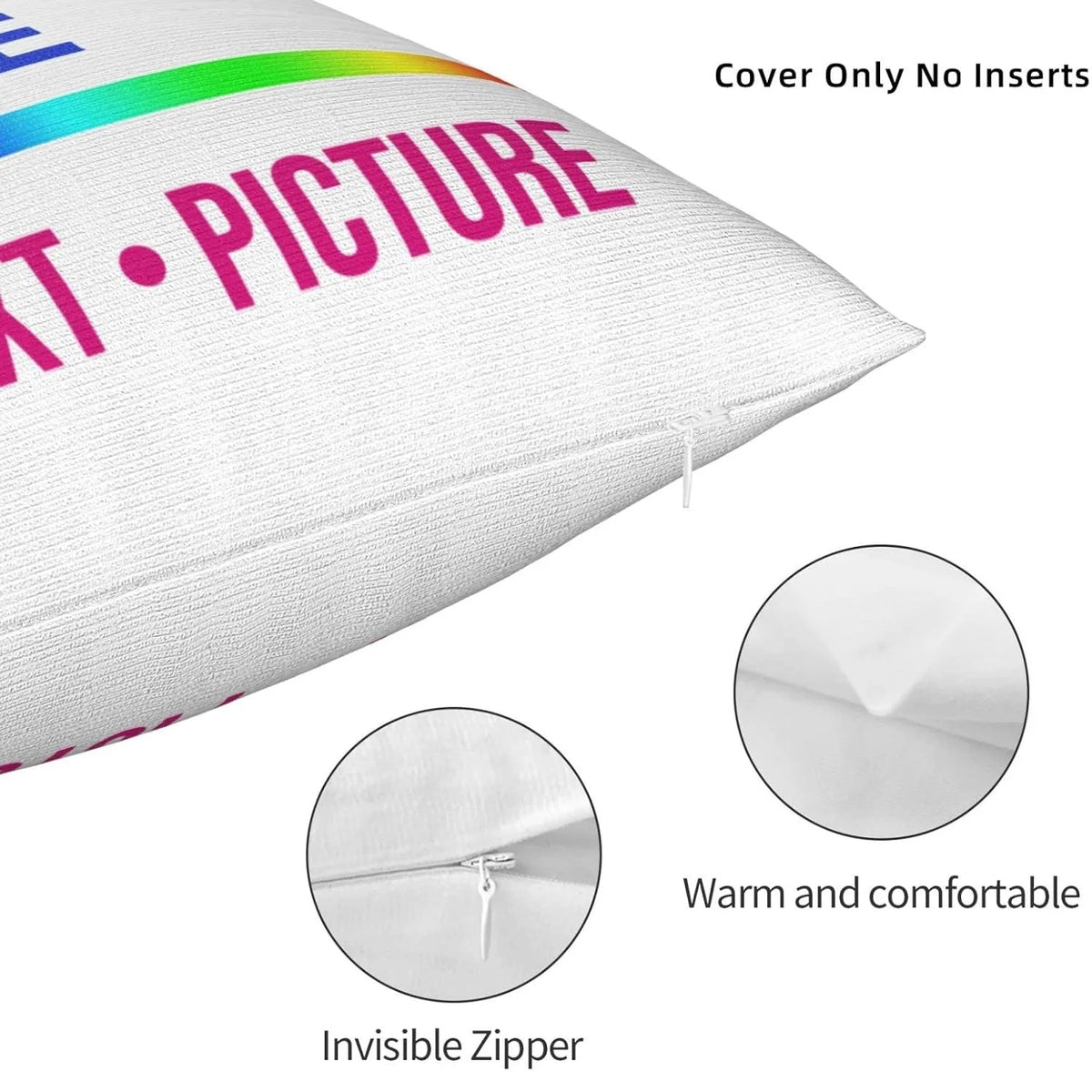 A white throw pillow cover with a pink and green photo print showing an invisible zipper detail.