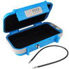A blue portable travel safe lock box with a combination lock and detachable cable shown open.