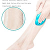 A hand applies a blue silicone hair removal tool to a person's leg for painless hair removal.