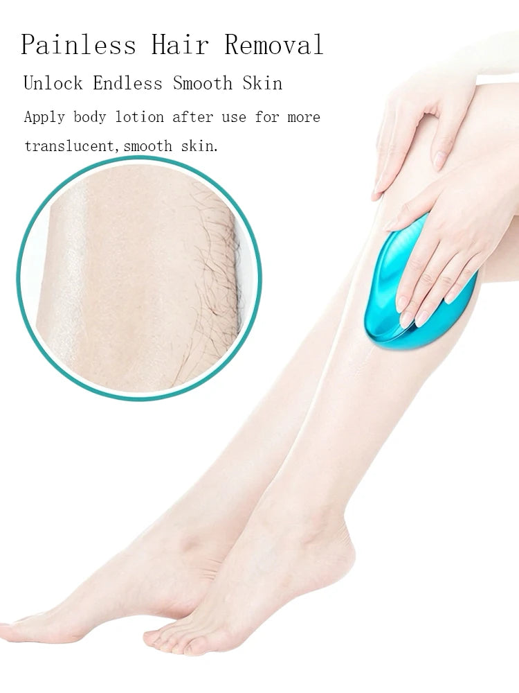 A hand applies a blue silicone hair removal tool to a person's leg for painless hair removal.