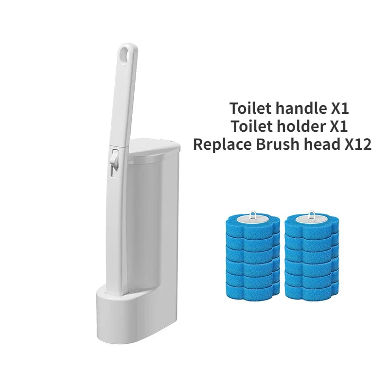 A white toilet brush handle and holder set with twelve replacement brush heads shown next to the main unit.