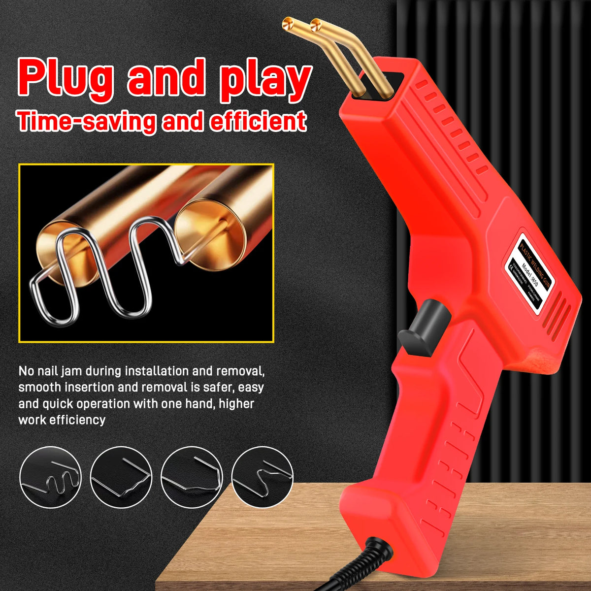 Red plastic welding repair kit with staples shown next to a drill bit on a dark background
