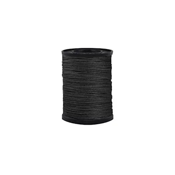 A spool of black heavy duty nylon thread for upholstery repair.