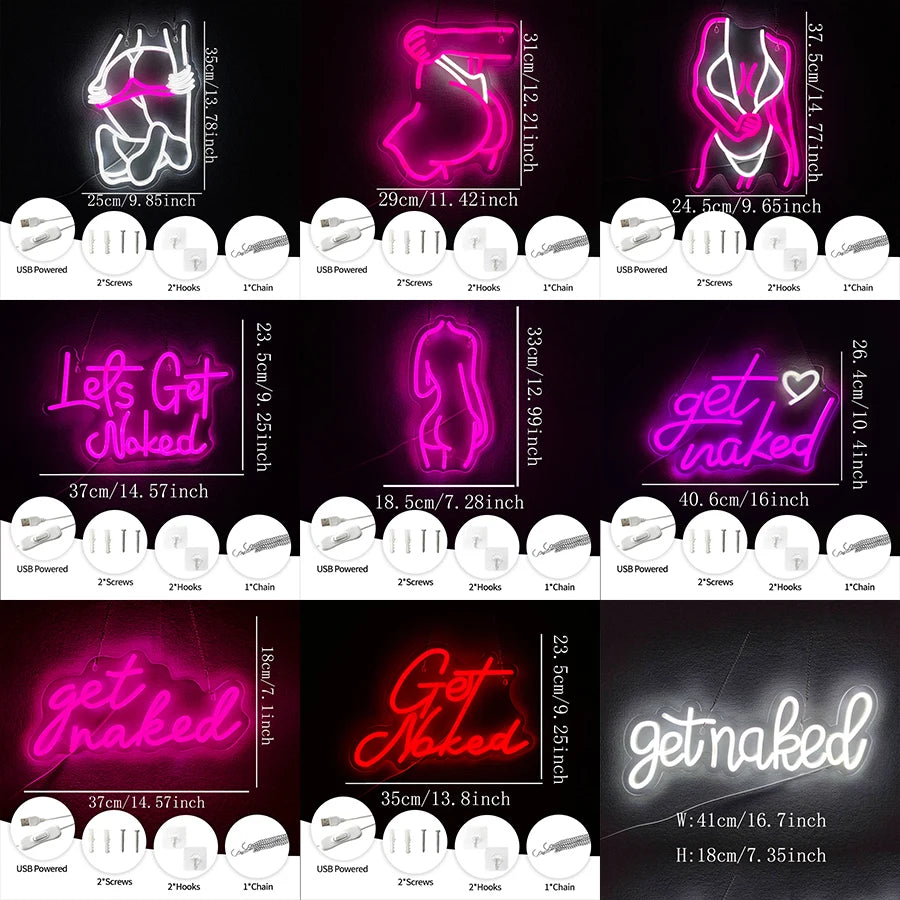 A collection of pink neon signs featuring the text Get Naked in various styles and sizes.