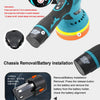 Diagrams showing the disassembly, removal, and battery installation of a cordless electric car polisher.