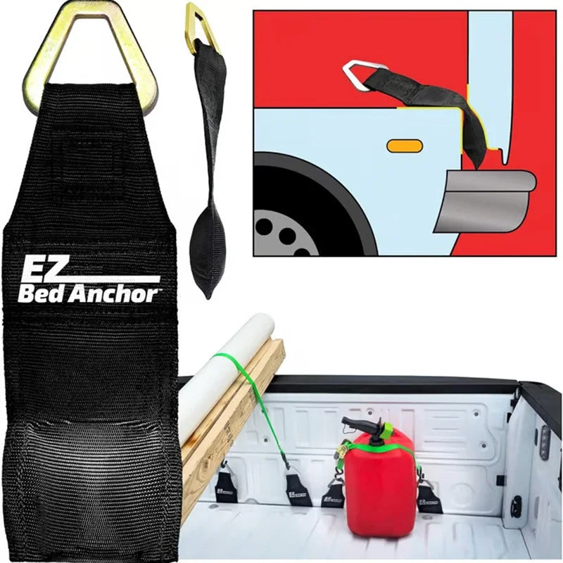 EZ Bed Anchor no-drill truck tailgate tie-down straps shown with a product and installation diagram.